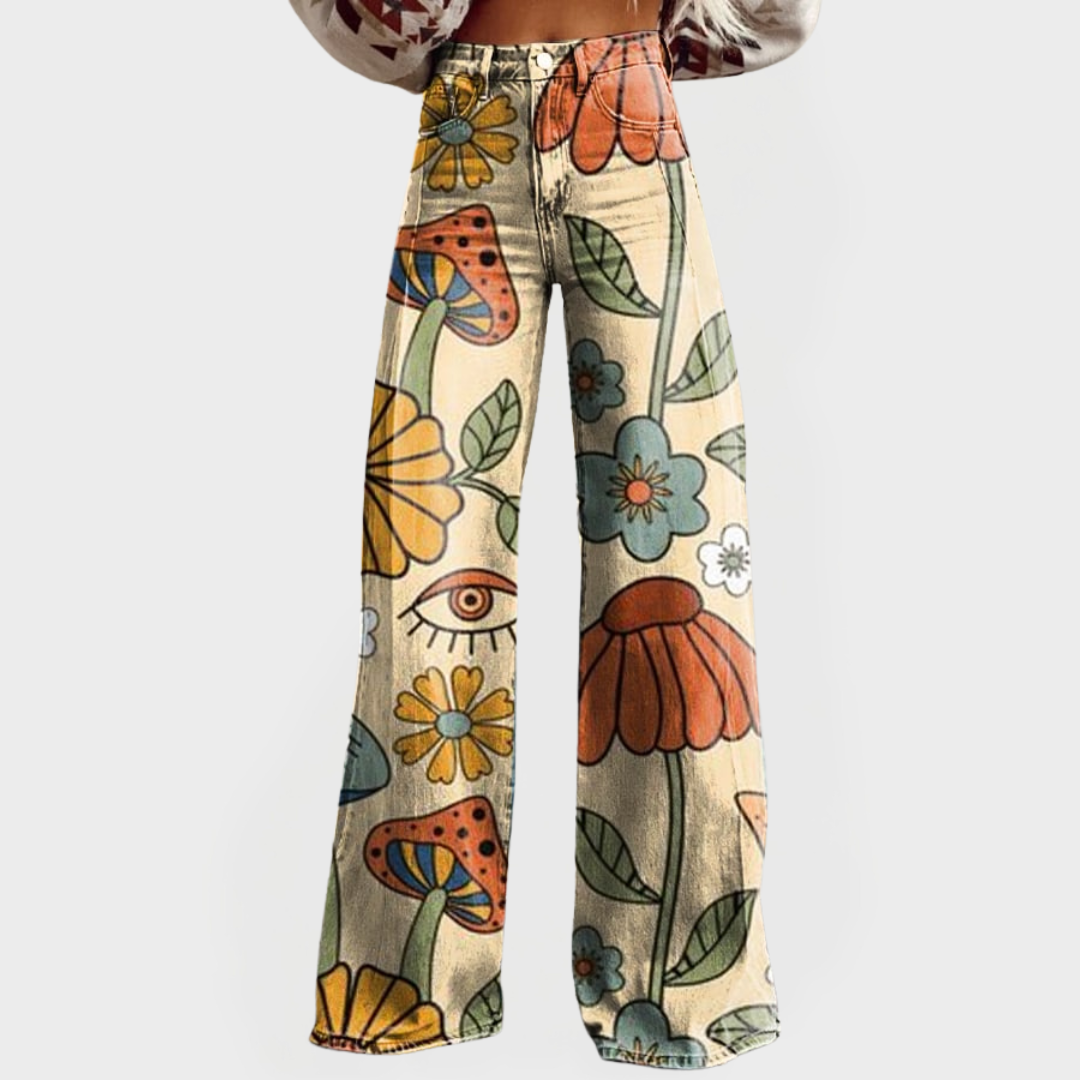 Jeans à Jambes Larges avec Design Floral Rétro